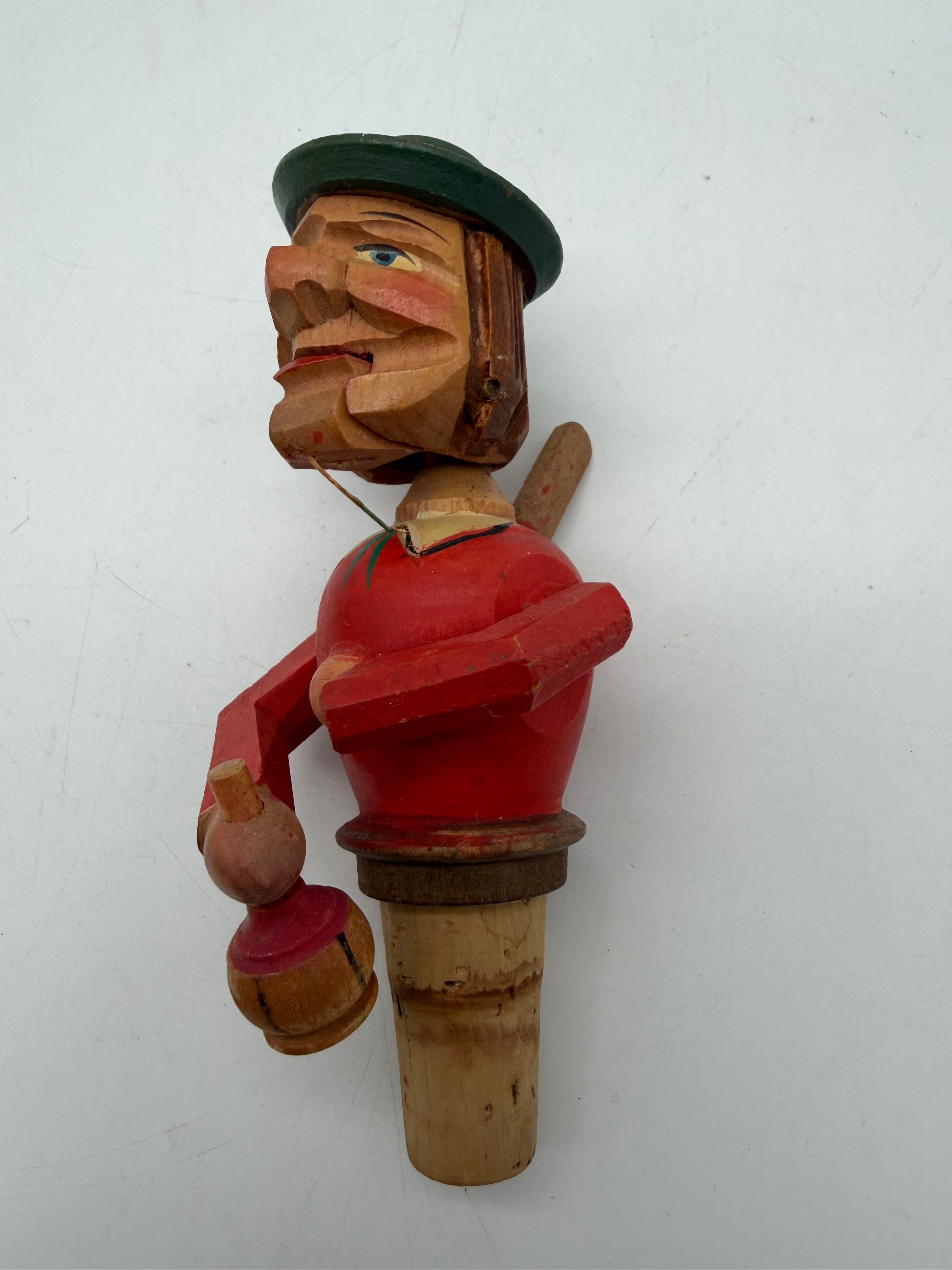 6” Anri Bottle stopper push puppet mechanical wood & cork