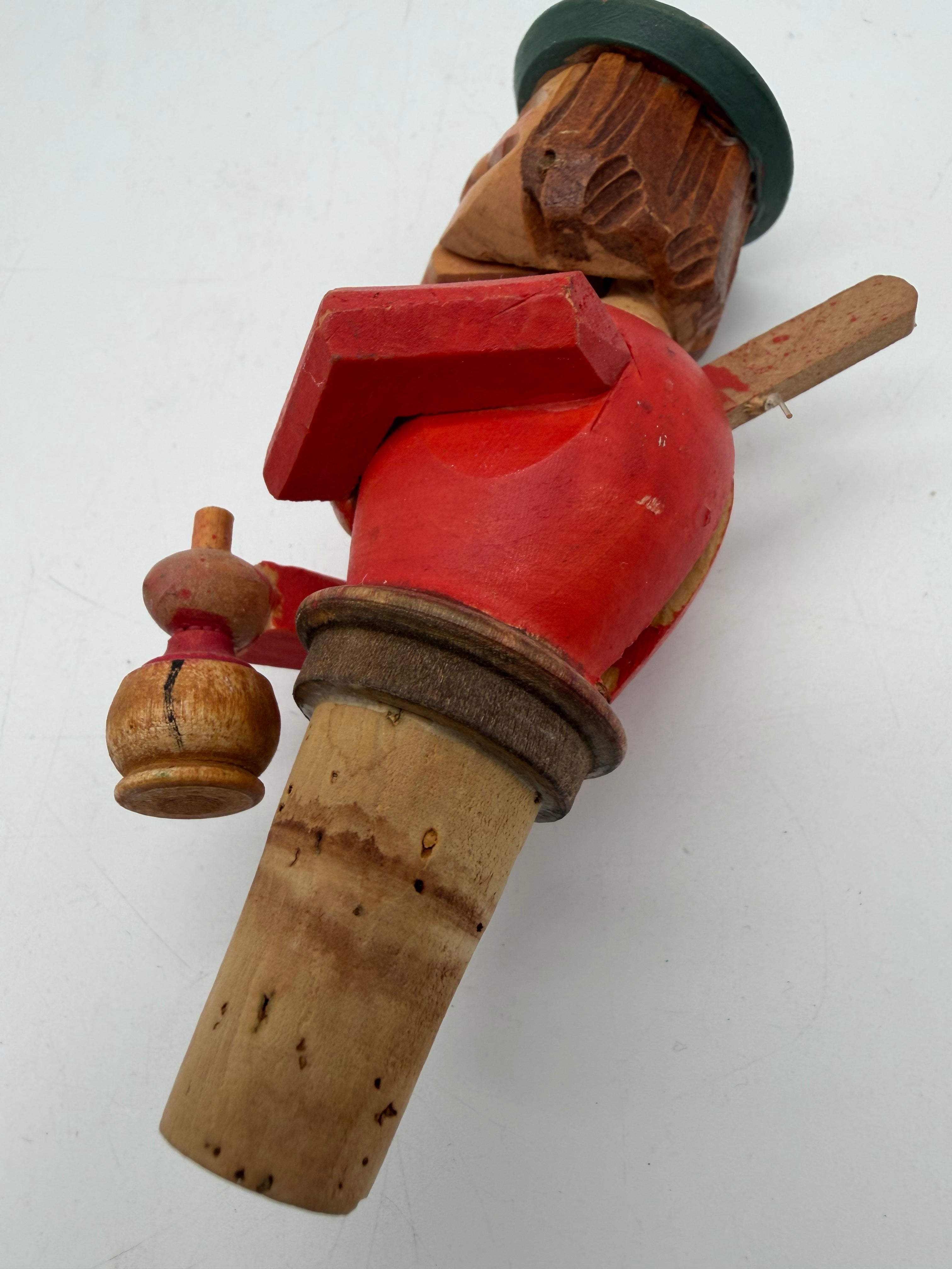 6” Anri Bottle stopper push puppet mechanical wood & cork