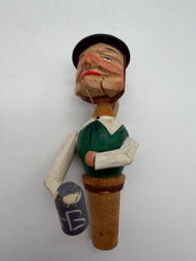 6” Anri bottle stoppers push puppet mechanical wood & cork.