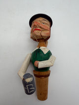 6” Anri bottle stoppers push puppet mechanical wood & cork.
