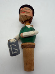 6” Anri bottle stoppers push puppet mechanical wood & cork.