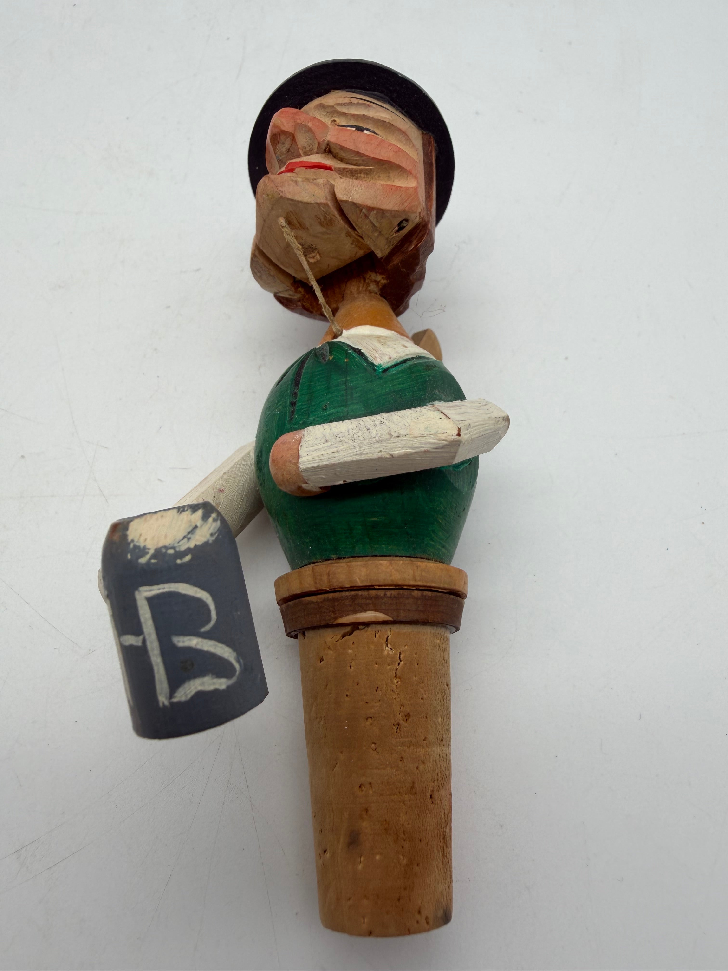 6” Anri bottle stoppers push puppet mechanical wood & cork.