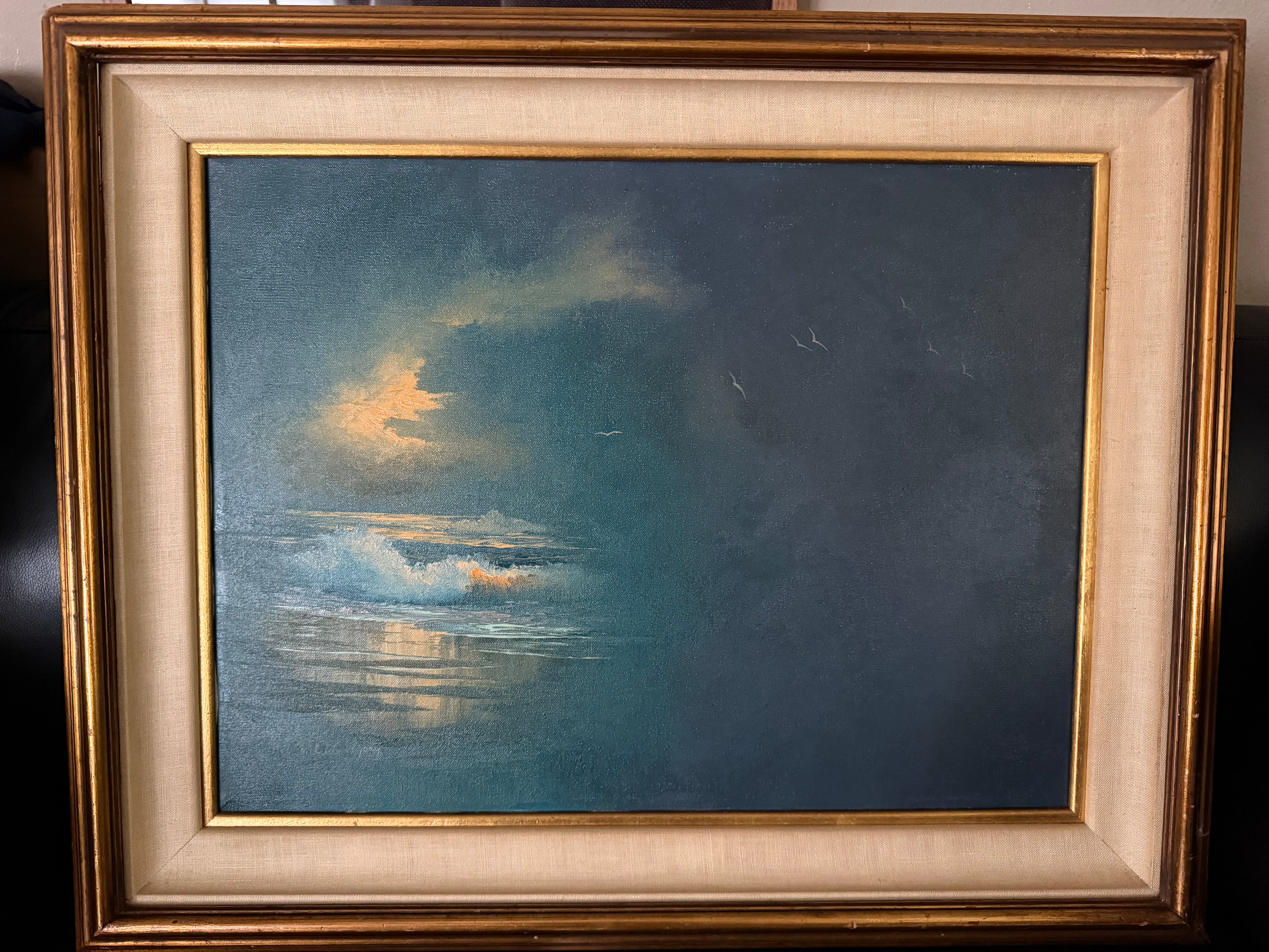 31x25” oil painting Julie Gregory UK artist costal scene dark blue