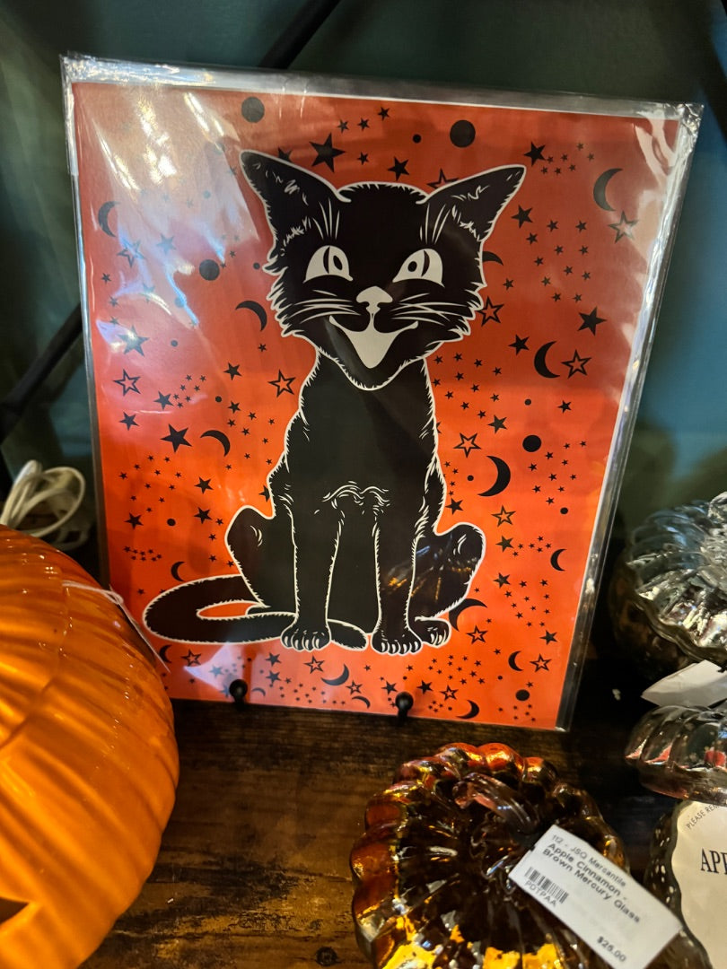 Vintage Halloween Cat On Orange Print