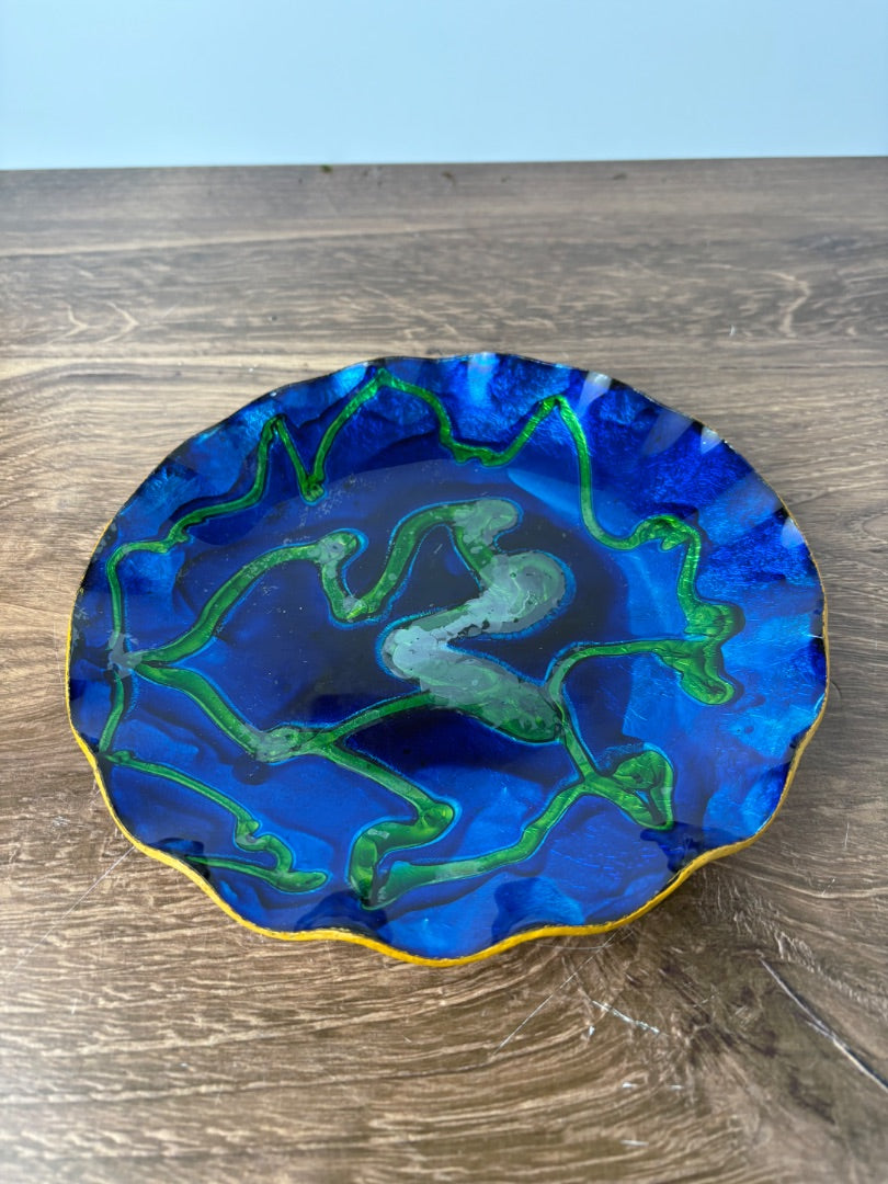 MCM Blue & Green Abstract Ruffled Edge Leather Back Dish
