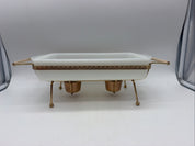 Fire King 1.5 Qt Casserole 2 Votive Warmer gold Metal Frame White