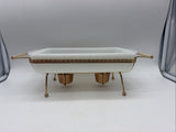Fire King 1.5 Qt Casserole 2 Votive Warmer gold Metal Frame White