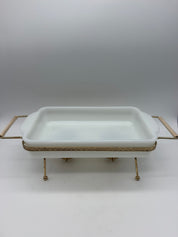 Fire King 1.5 Qt Casserole 2 Votive Warmer gold Metal Frame White