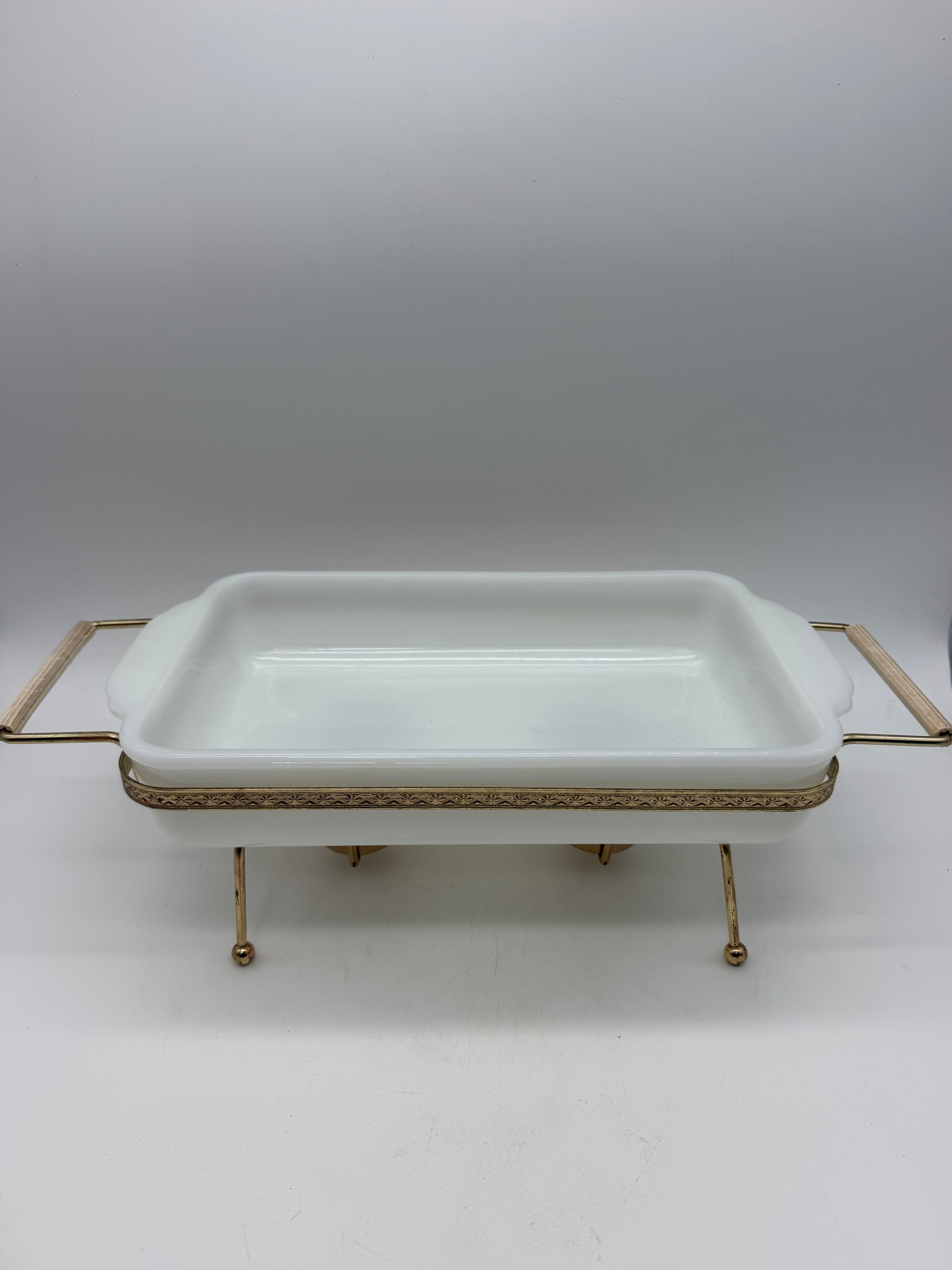 Fire King 1.5 Qt Casserole 2 Votive Warmer gold Metal Frame White