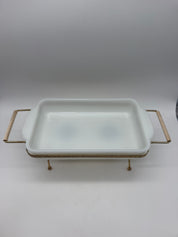 Fire King 1.5 Qt Casserole 2 Votive Warmer gold Metal Frame White