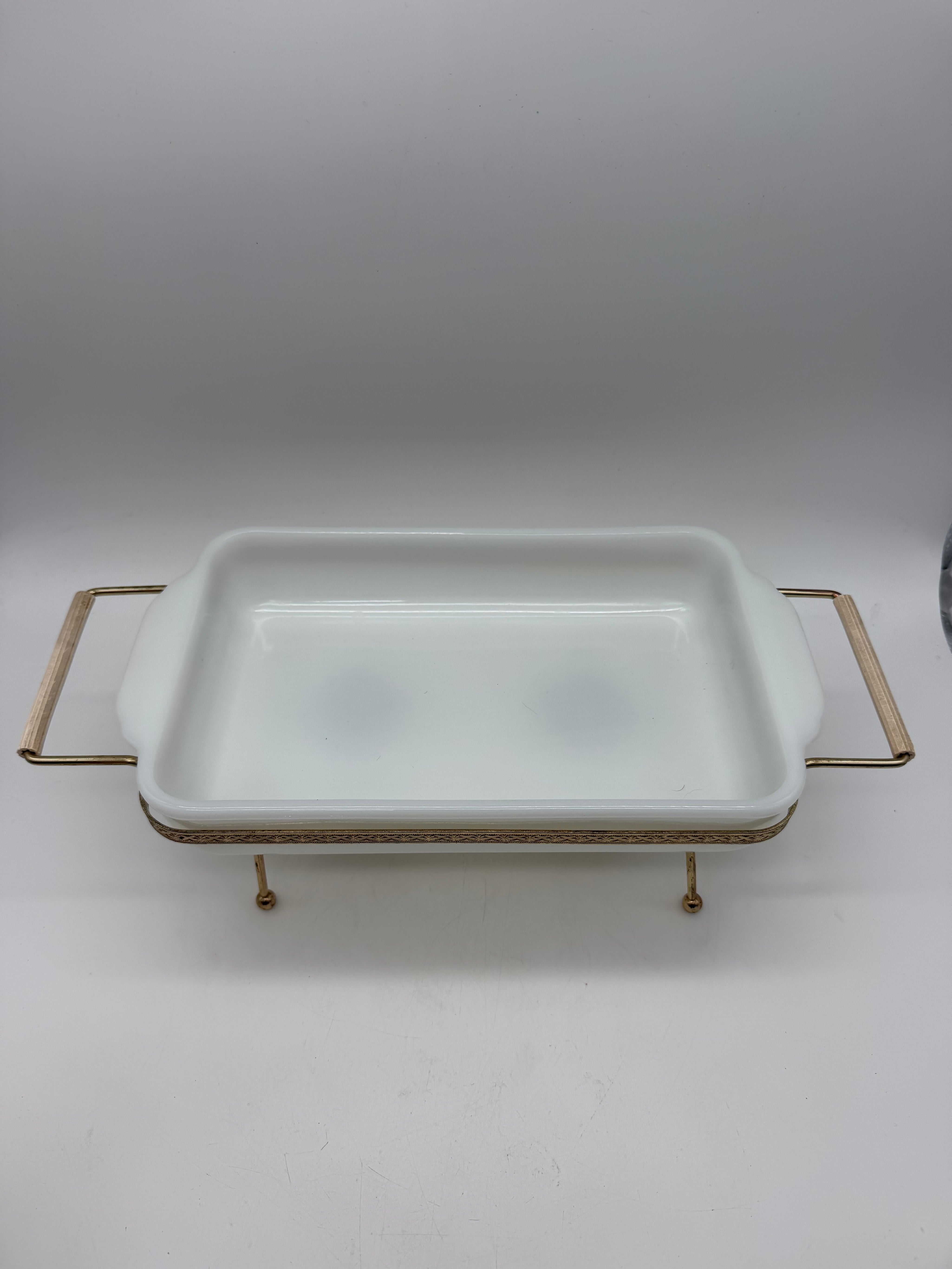 Fire King 1.5 Qt Casserole 2 Votive Warmer gold Metal Frame White