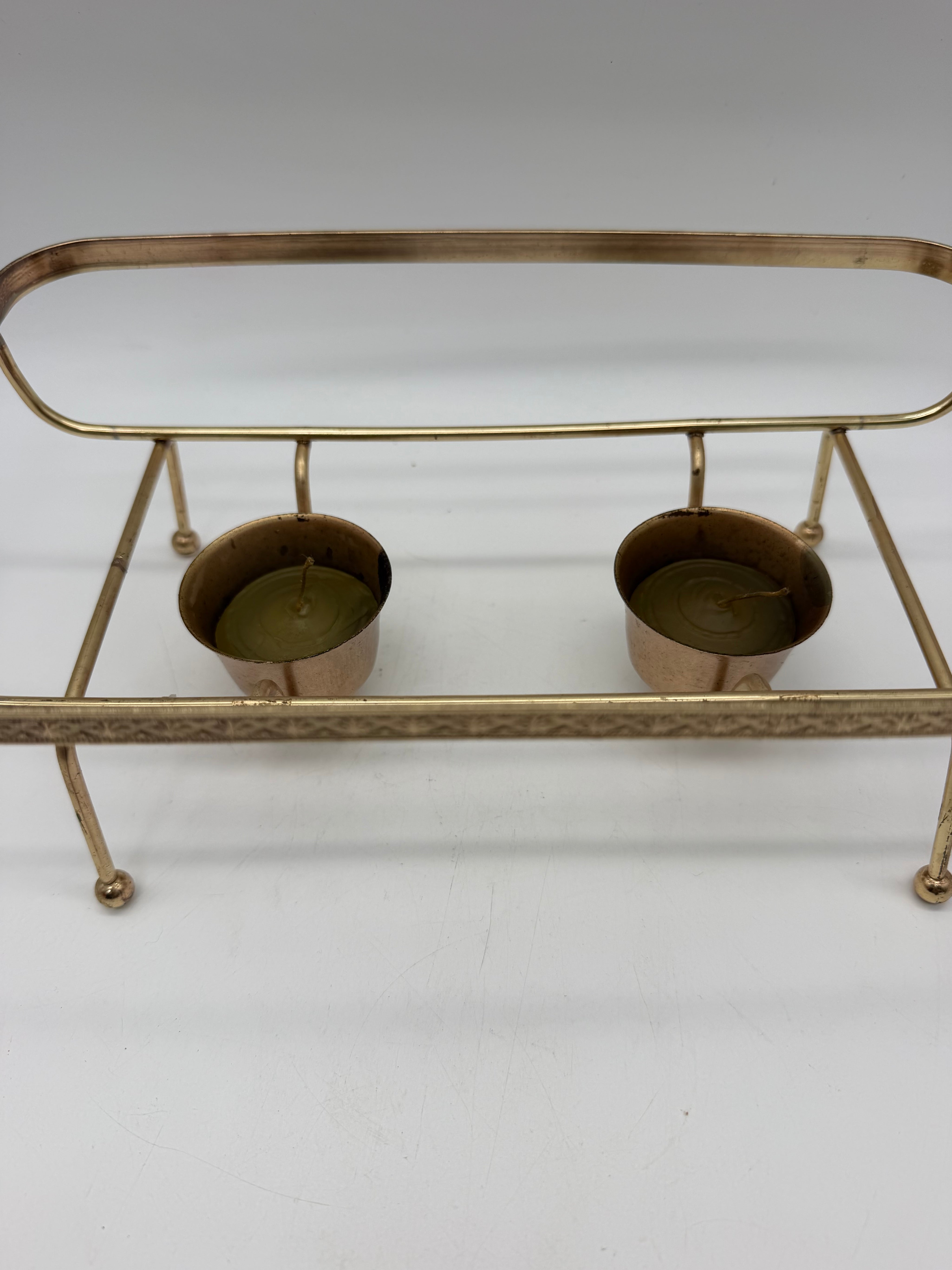 Fire King 1.5 Qt Casserole 2 Votive Warmer gold Metal Frame White