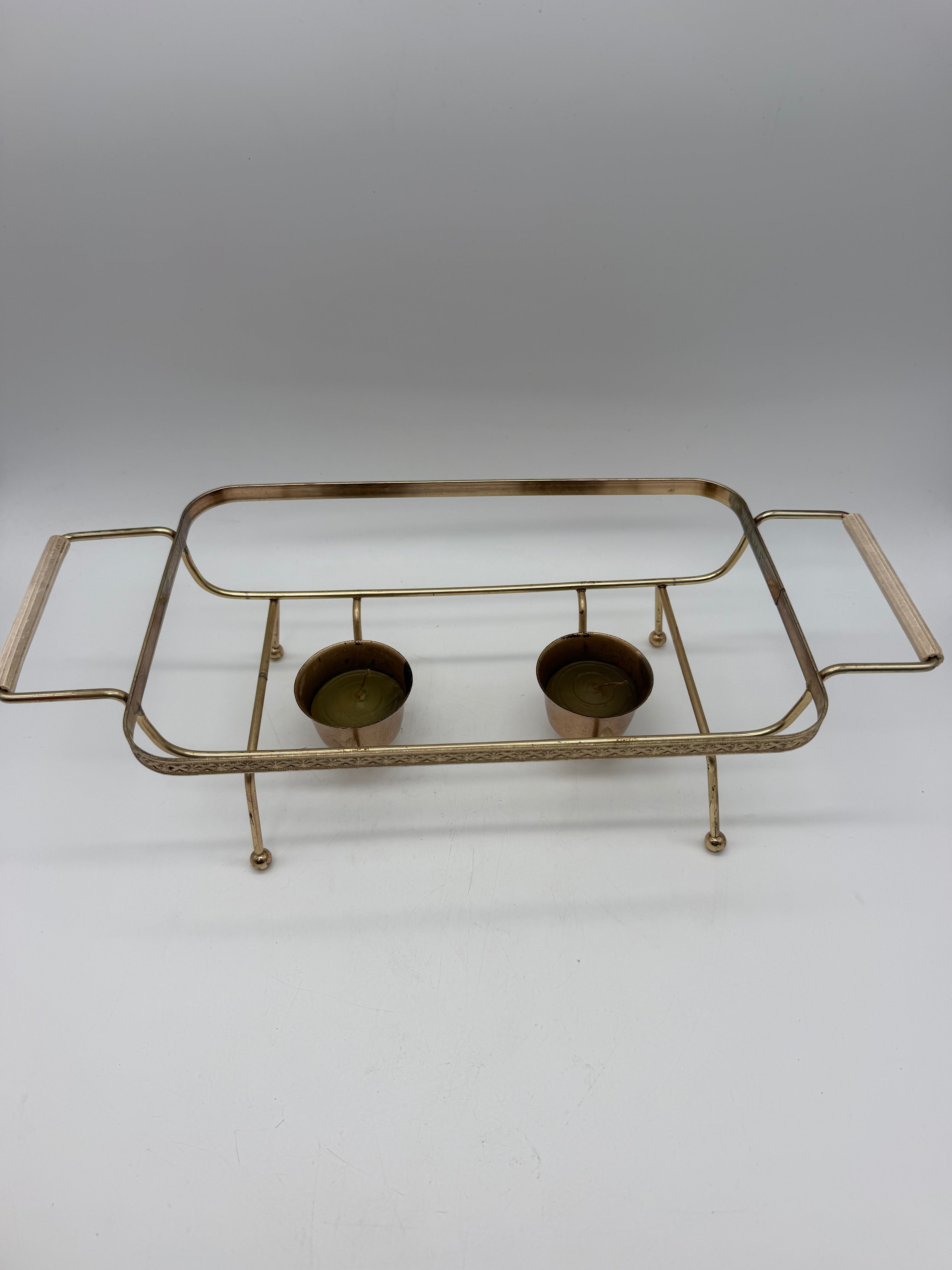 Fire King 1.5 Qt Casserole 2 Votive Warmer gold Metal Frame White