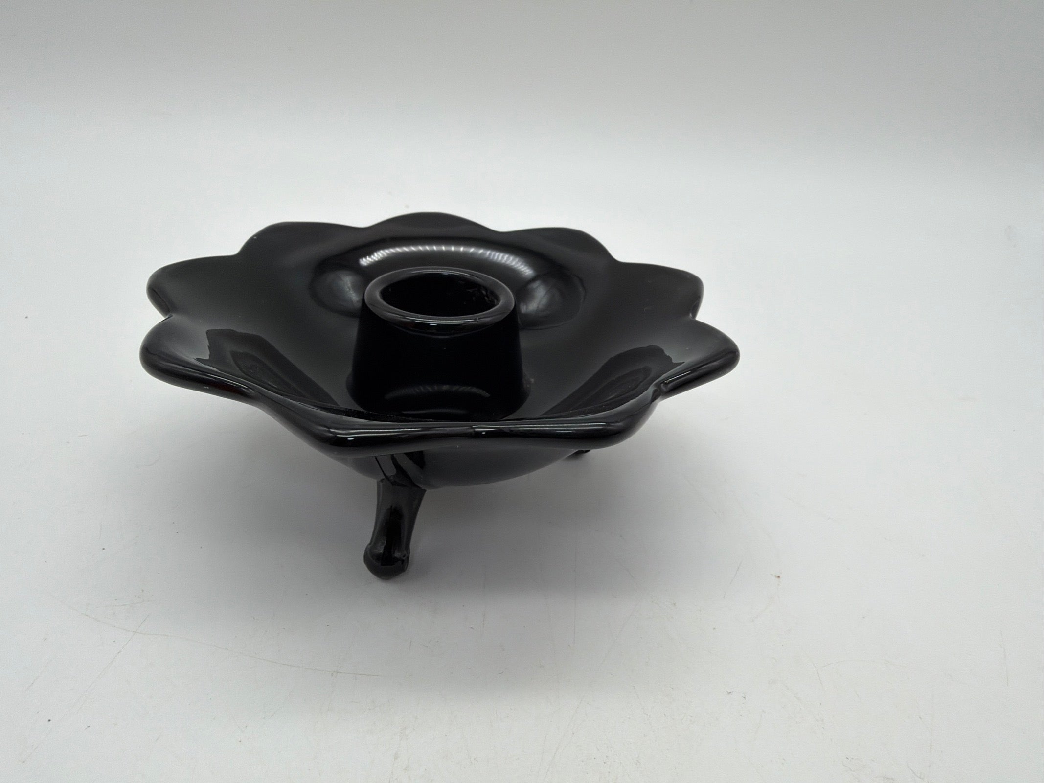 5”  FENTON BLACK GLASS LOTUS FLOWER 3 TOED SINGLE CANDLE HOLDER 1930’s