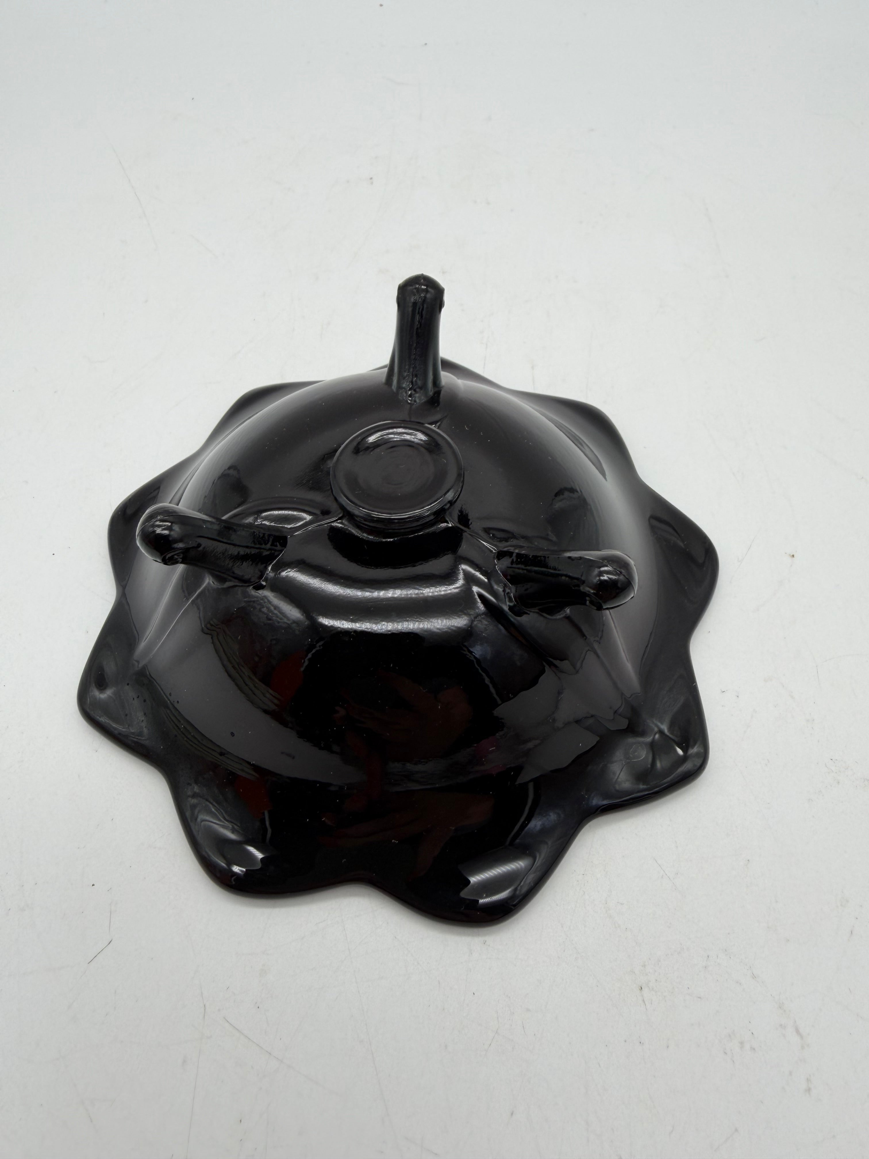5”  FENTON BLACK GLASS LOTUS FLOWER 3 TOED SINGLE CANDLE HOLDER 1930’s