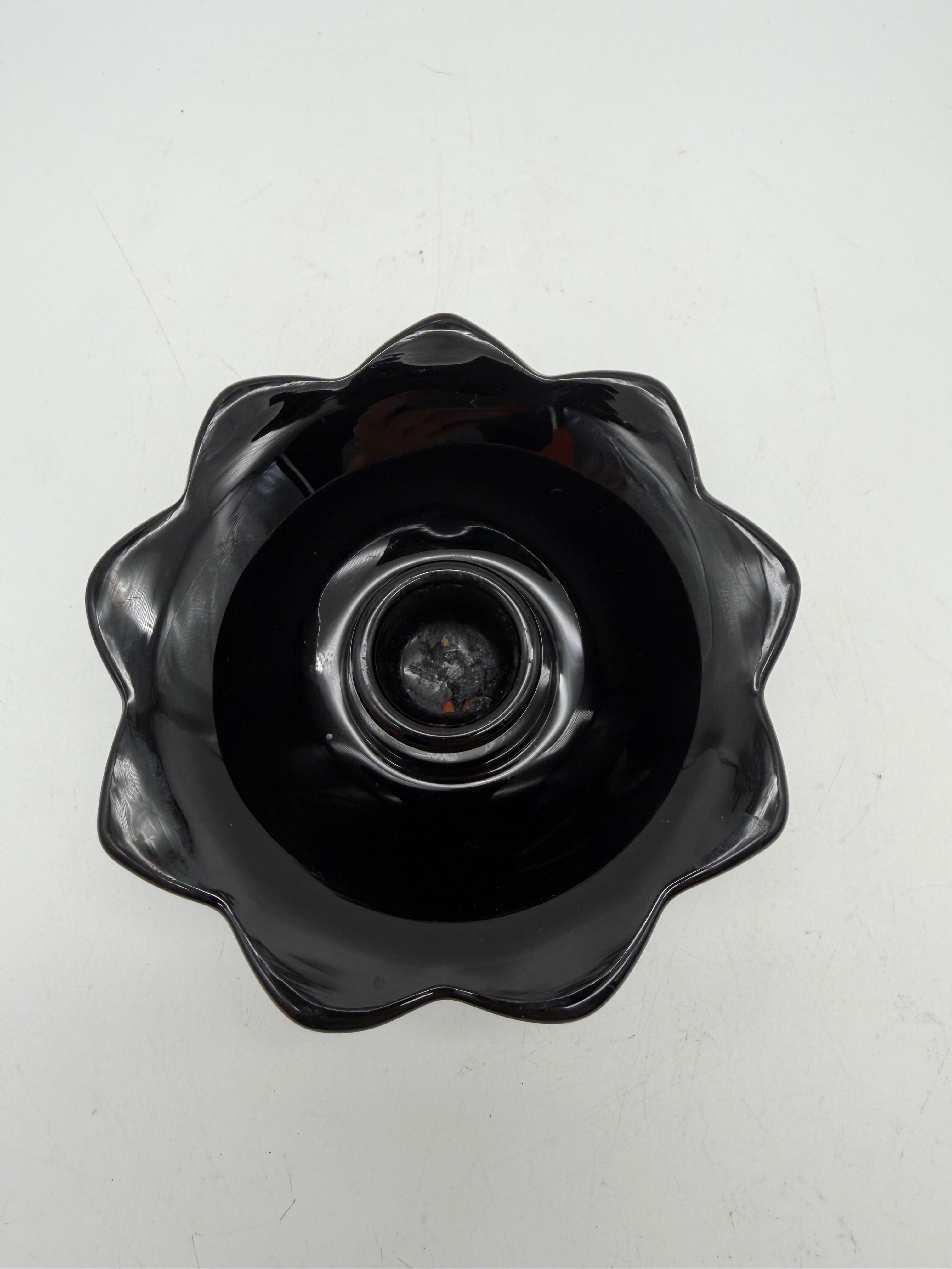 5”  FENTON BLACK GLASS LOTUS FLOWER 3 TOED SINGLE CANDLE HOLDER 1930’s