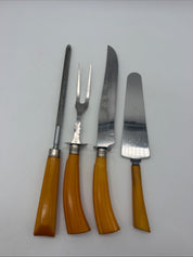 12” Bakelite  4 PC Carving Set, Fork, Knife MCM Washington Forge Butterscotch
