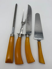 12” Bakelite  4 PC Carving Set, Fork, Knife MCM Washington Forge Butterscotch