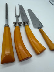 12” Bakelite  4 PC Carving Set, Fork, Knife MCM Washington Forge Butterscotch