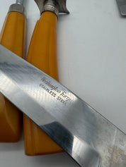 12” Bakelite  4 PC Carving Set, Fork, Knife MCM Washington Forge Butterscotch