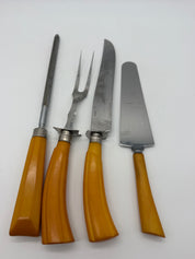 12” Bakelite  4 PC Carving Set, Fork, Knife MCM Washington Forge Butterscotch