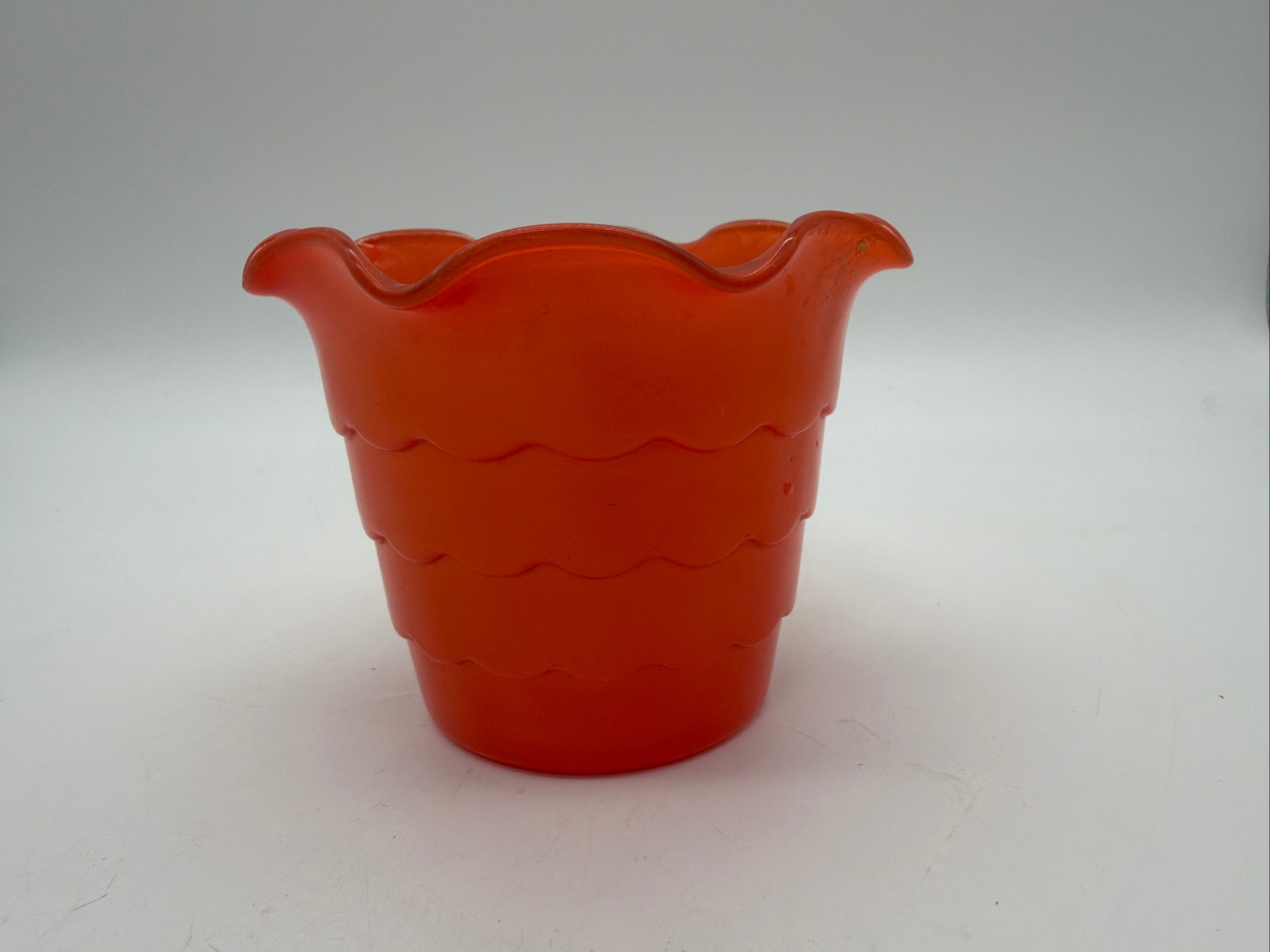 3” Fire King Anchor Hocking Tangerine Red Fired On Color Ruffled Top Pot Artware