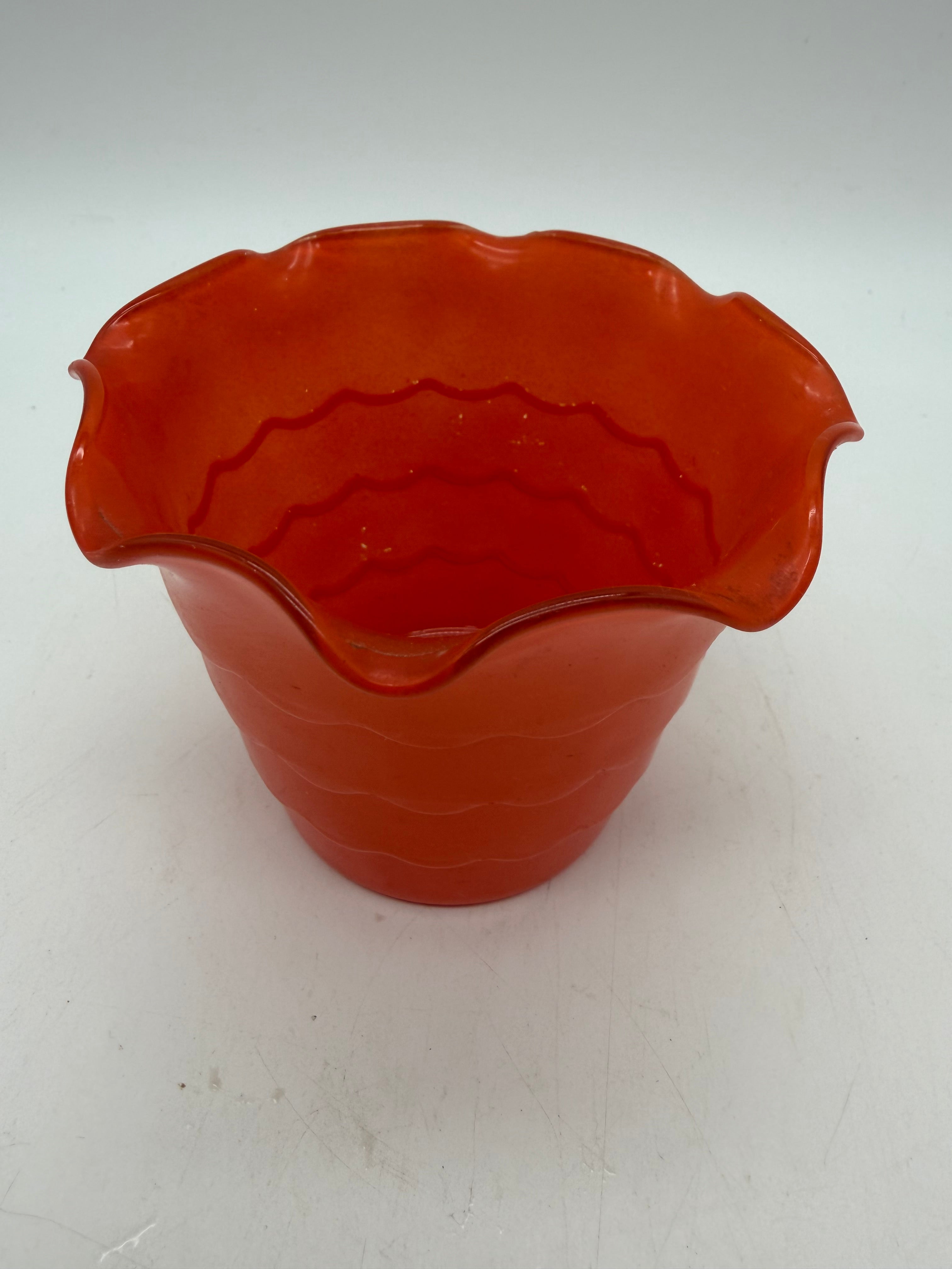 3” Fire King Anchor Hocking Tangerine Red Fired On Color Ruffled Top Pot Artware