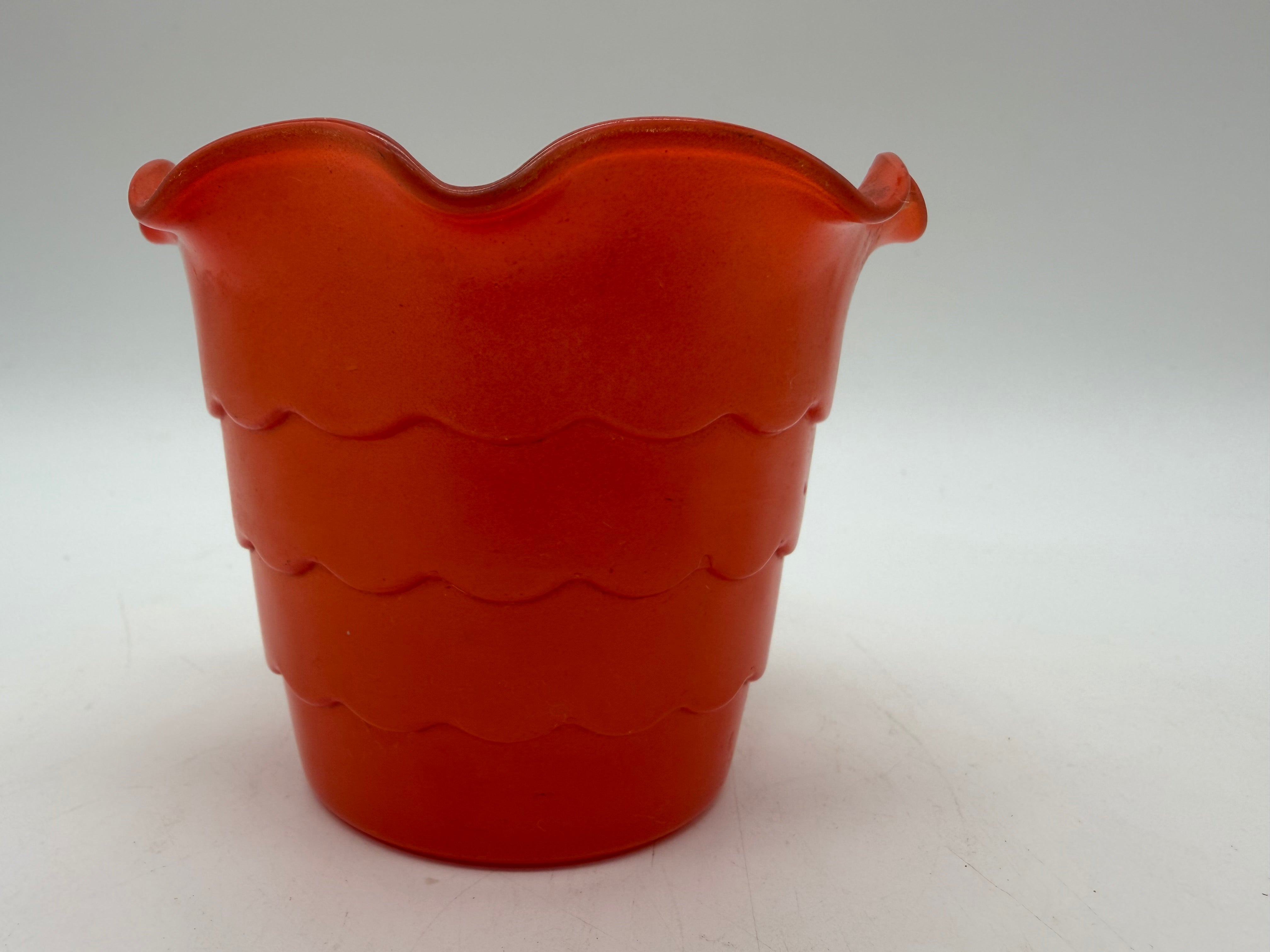 3” Fire King Anchor Hocking Tangerine Red Fired On Color Ruffled Top Pot Artware