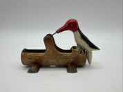 5” 1950s Mechanical Woodpecker on Log Toothpick Holder Dispenser Cast Metal