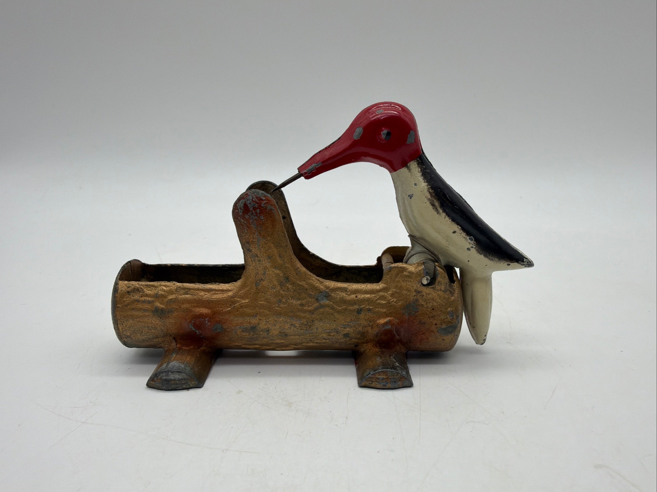 5” 1950s Mechanical Woodpecker on Log Toothpick Holder Dispenser Cast Metal