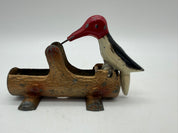 5” 1950s Mechanical Woodpecker on Log Toothpick Holder Dispenser Cast Metal