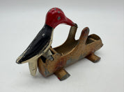 5” 1950s Mechanical Woodpecker on Log Toothpick Holder Dispenser Cast Metal