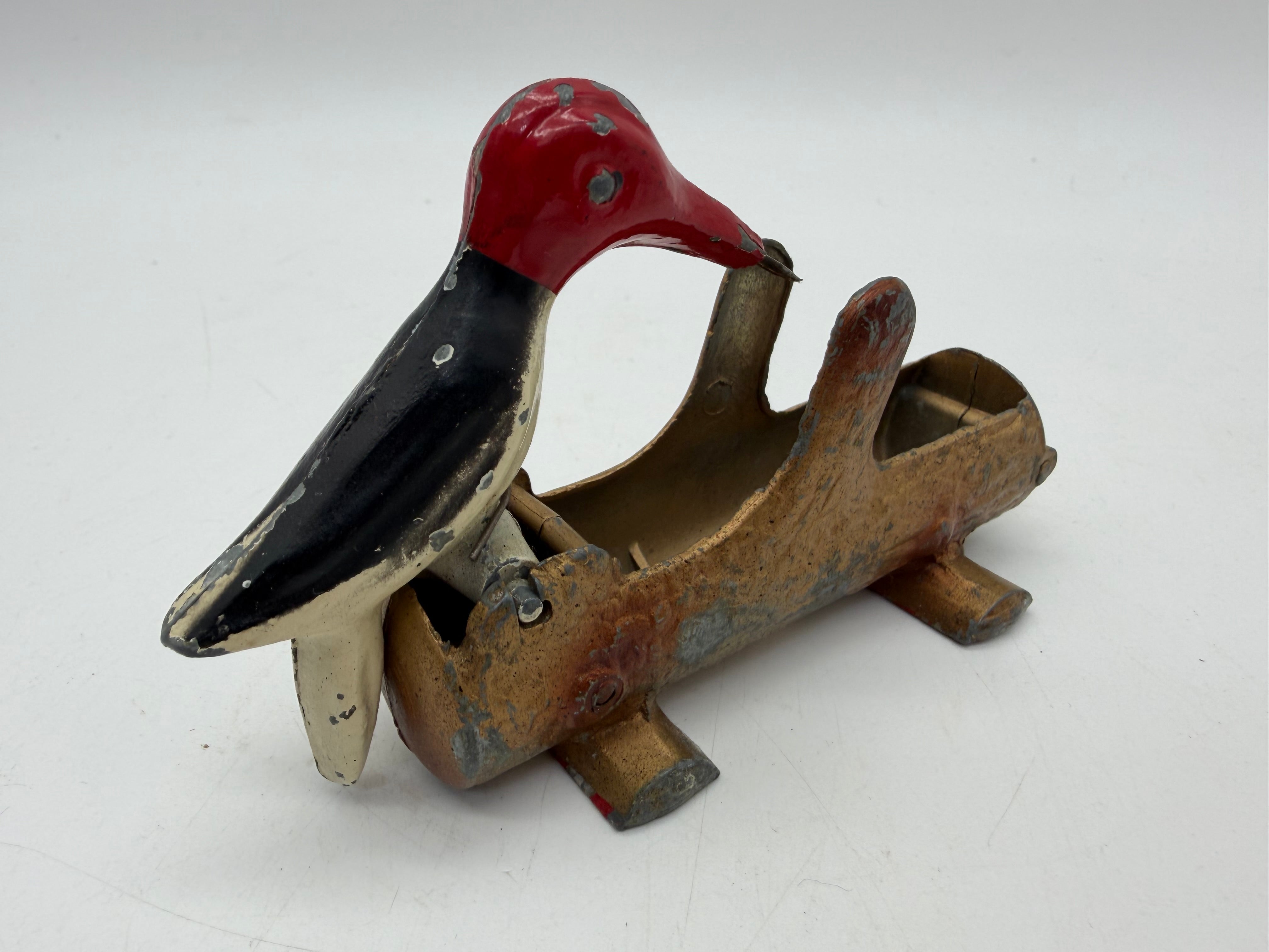 5” 1950s Mechanical Woodpecker on Log Toothpick Holder Dispenser Cast Metal