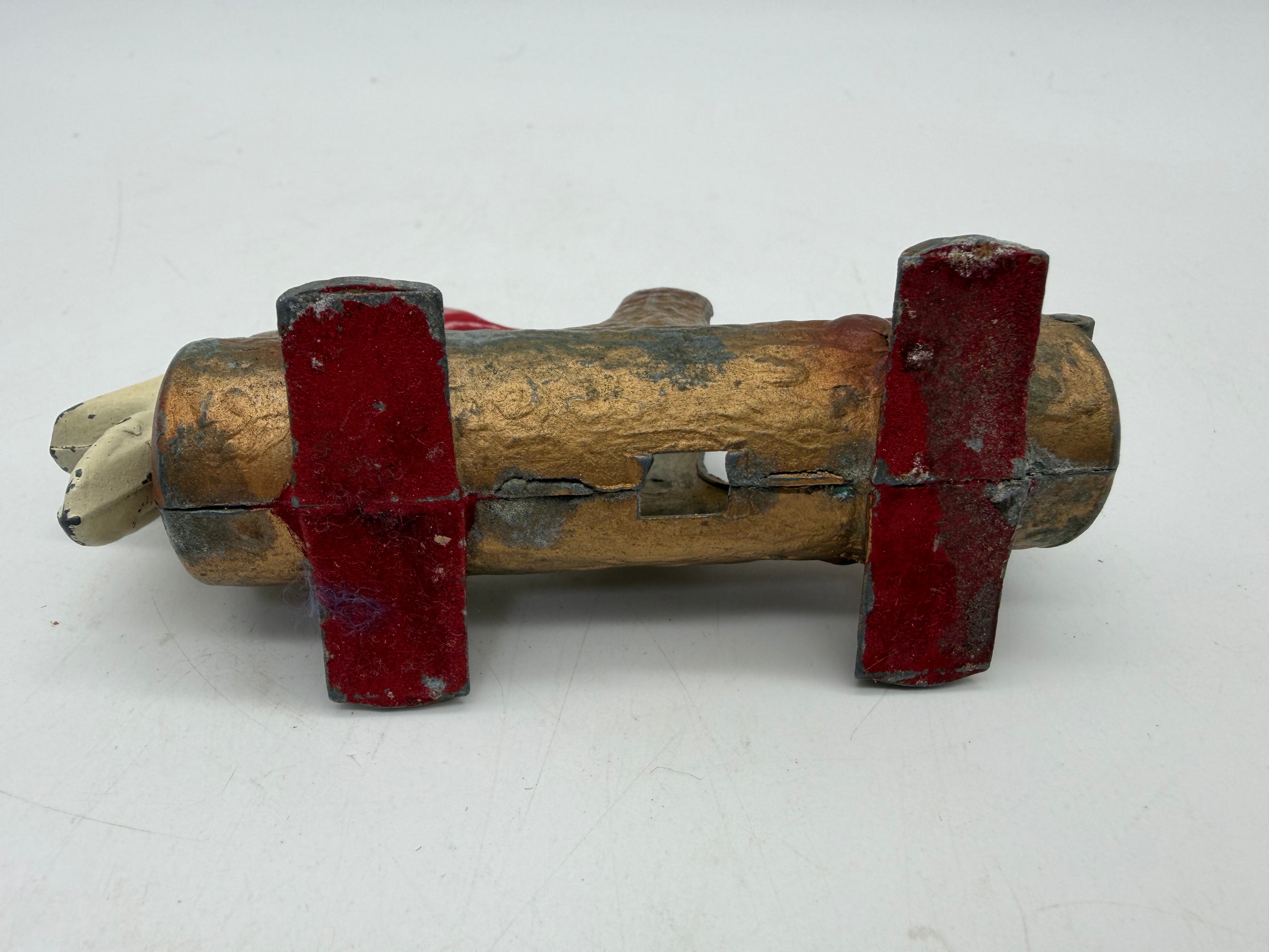 5” 1950s Mechanical Woodpecker on Log Toothpick Holder Dispenser Cast Metal