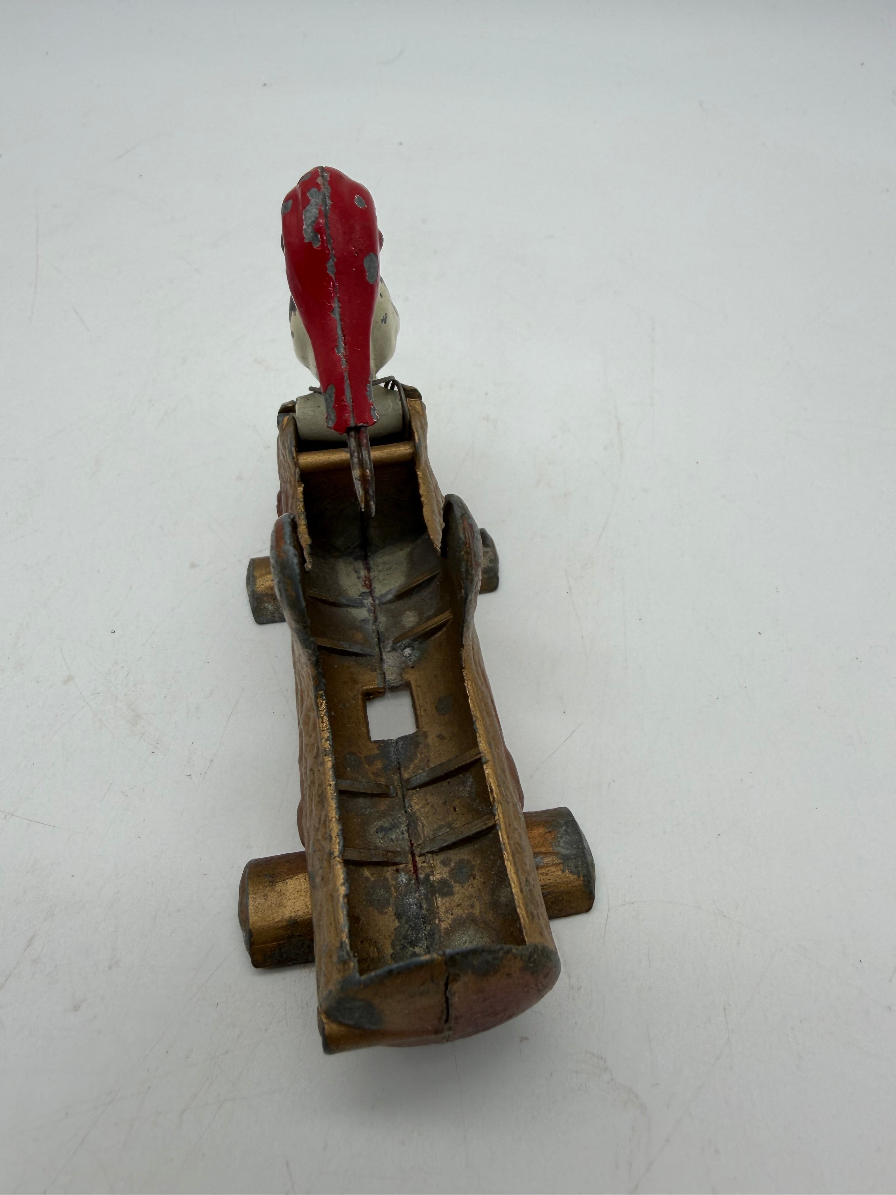 5” 1950s Mechanical Woodpecker on Log Toothpick Holder Dispenser Cast Metal