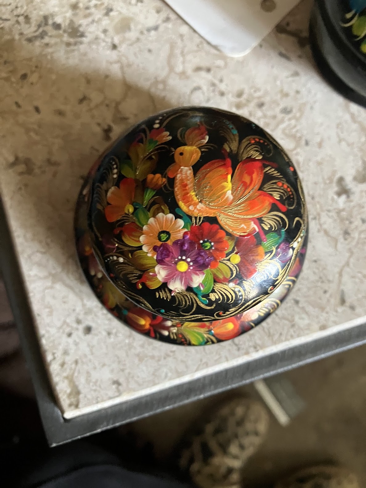 Ukrainian Hand-Painted Lacquer Trinket Box – Firebird & Floral Folk Art, Signed