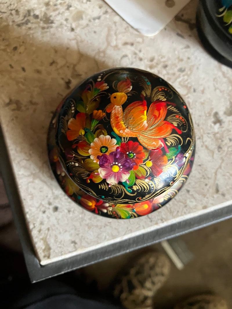 Ukrainian Hand-Painted Lacquer Trinket Box – Firebird & Floral Folk Art, Signed by 312 - M.A.K.
