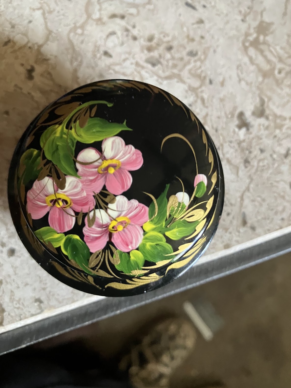 Hand-Painted Ukrainian Lacquer Pill Box– Pink Floral Design, Signed