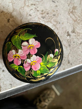 Hand-Painted Ukrainian Lacquer Pill Box– Pink Floral Design, Signed
