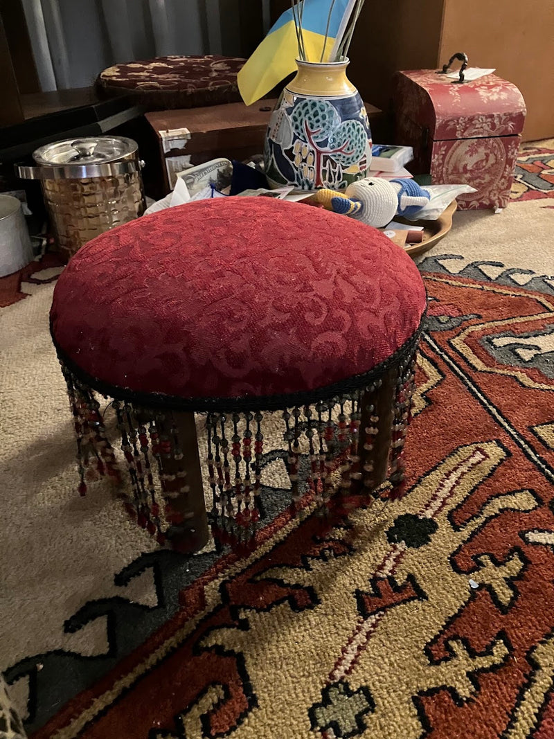 Vintage Victorian-Style Burgundy Velvet Footstool w/ Beaded Fringe by 312 - M.A.K.