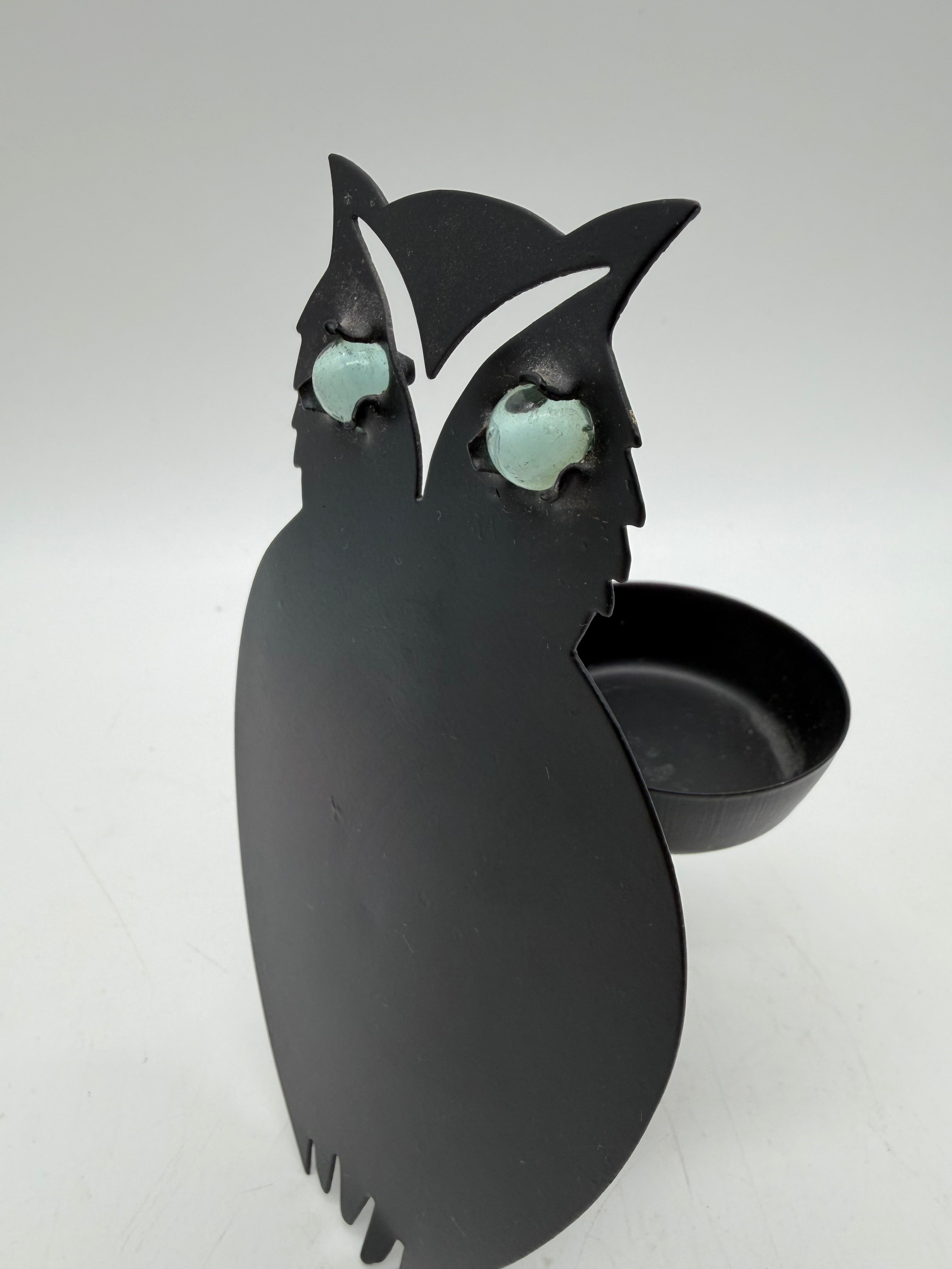 6.25” Black Metal Owl Glass Marble Eyes Silhouette Votive Candle Holder Halloween