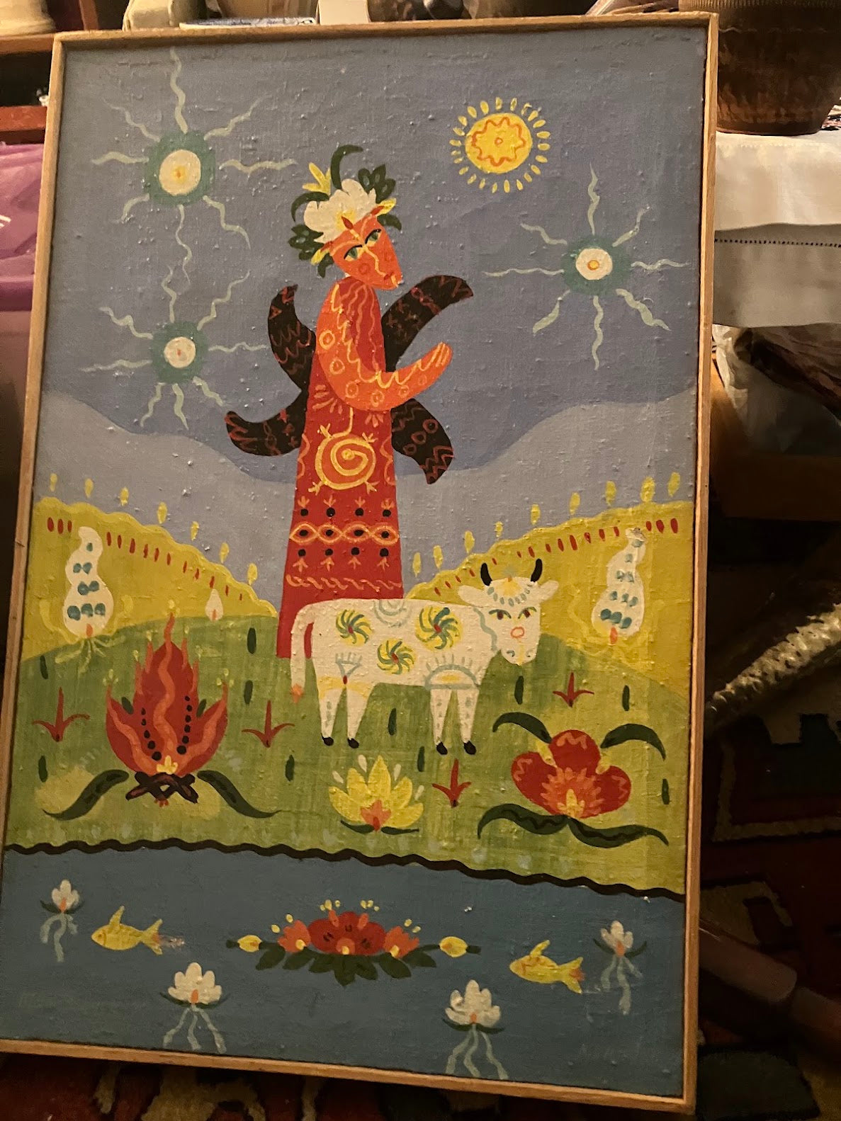Vintage Whimsical  Ivana Kupala Naïve Folk Art Painting