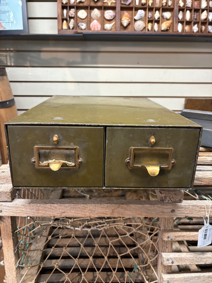 Vintage Army Green & Brass 2 Drawer Library  Unit