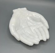 7” White Milk Glass Avon Open Hands Soap Dish Trinket Jewelry Holder