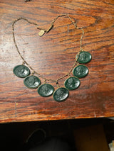 Vintage Pididdly Links, Green Glass Cameo Intaglio Brass Fringe Necklace