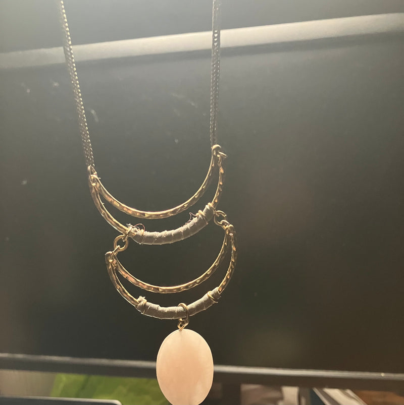 Crescent Bib Necklace with Natural Rose Quartz Drop Pendant by 312 - M.A.K.