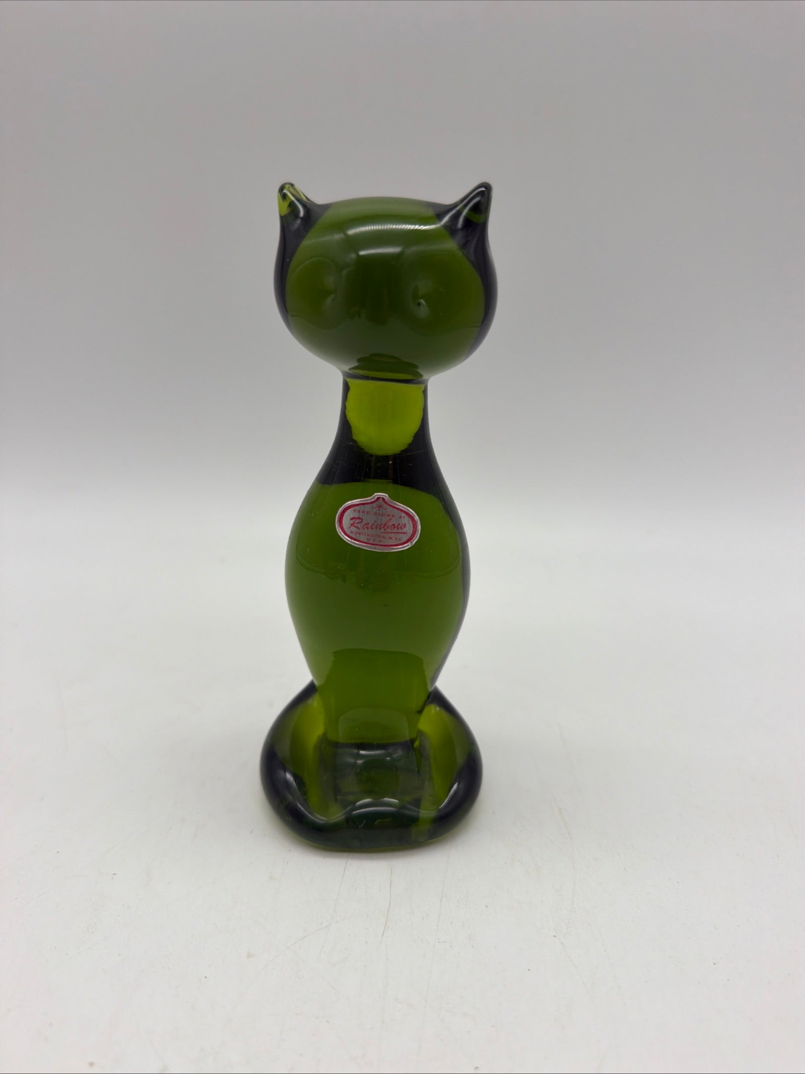 6” Rainbow Art Glass Dark Green Sitting Cat Figurine MCM