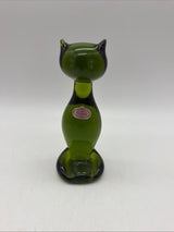6” Rainbow Art Glass Dark Green Sitting Cat Figurine MCM