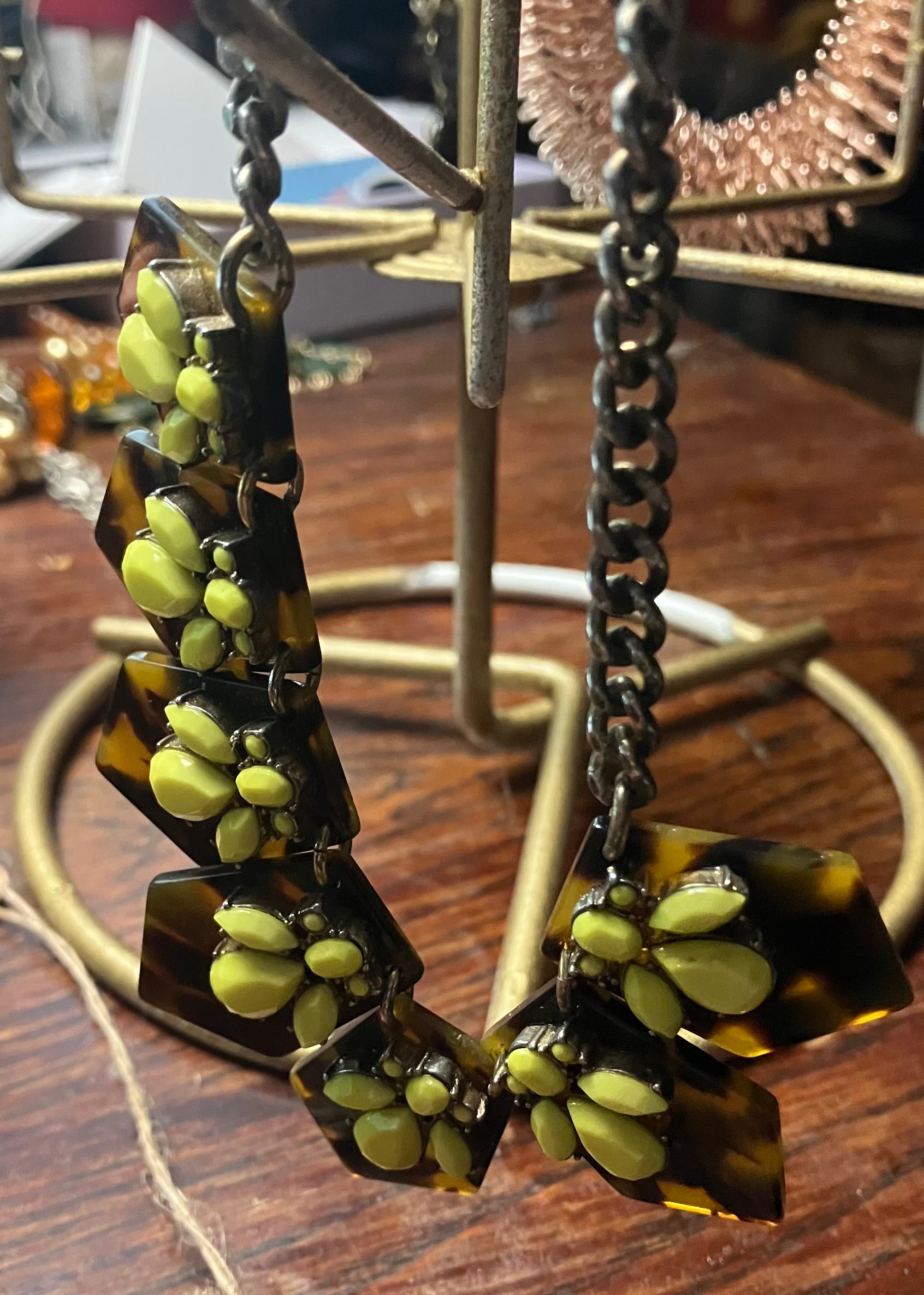 Vintage J. Crew Faux Tortoise Shell Necklace, Neon Yellow Stones