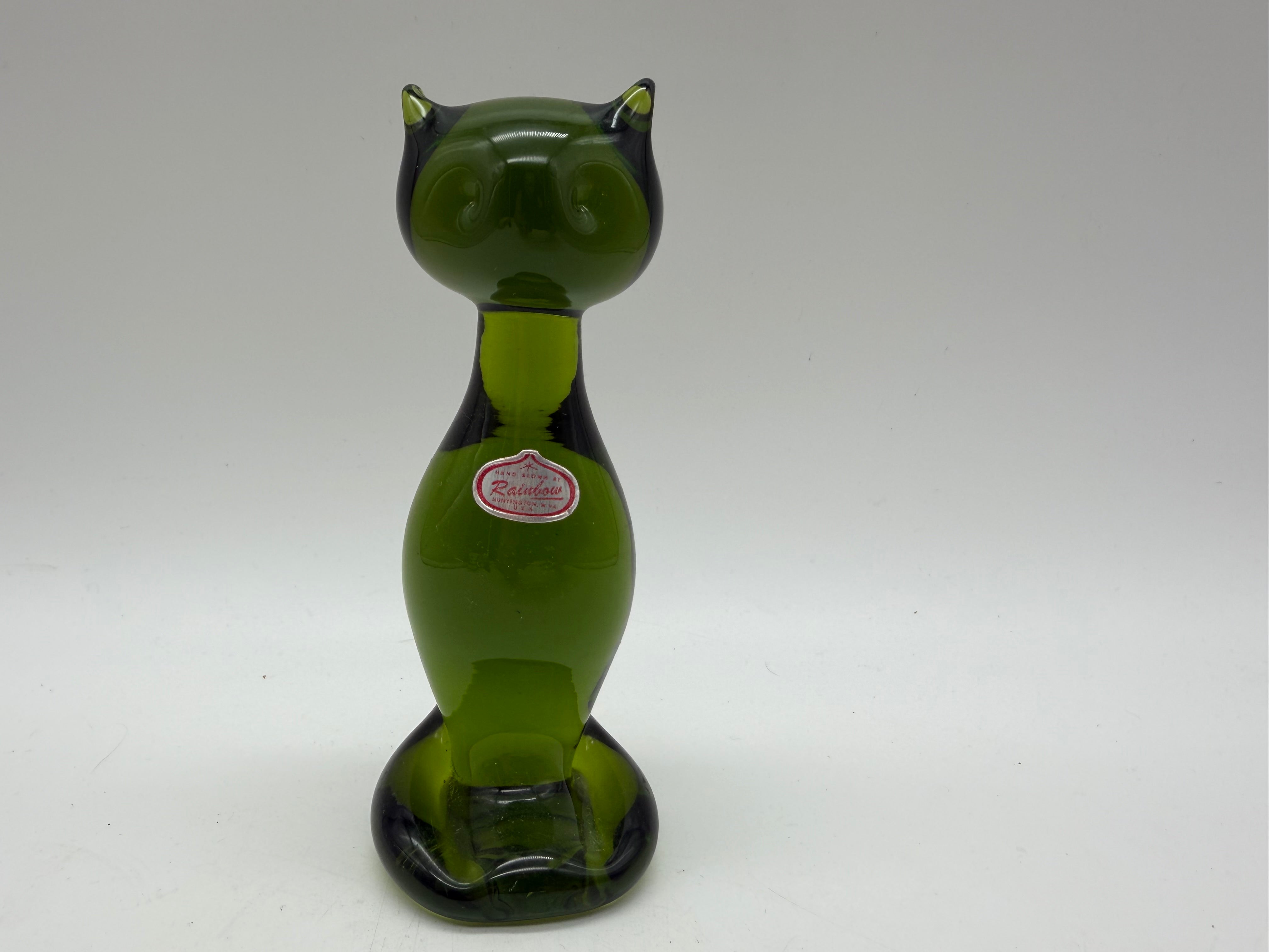 6” Rainbow Art Glass Dark Green Sitting Cat Figurine MCM